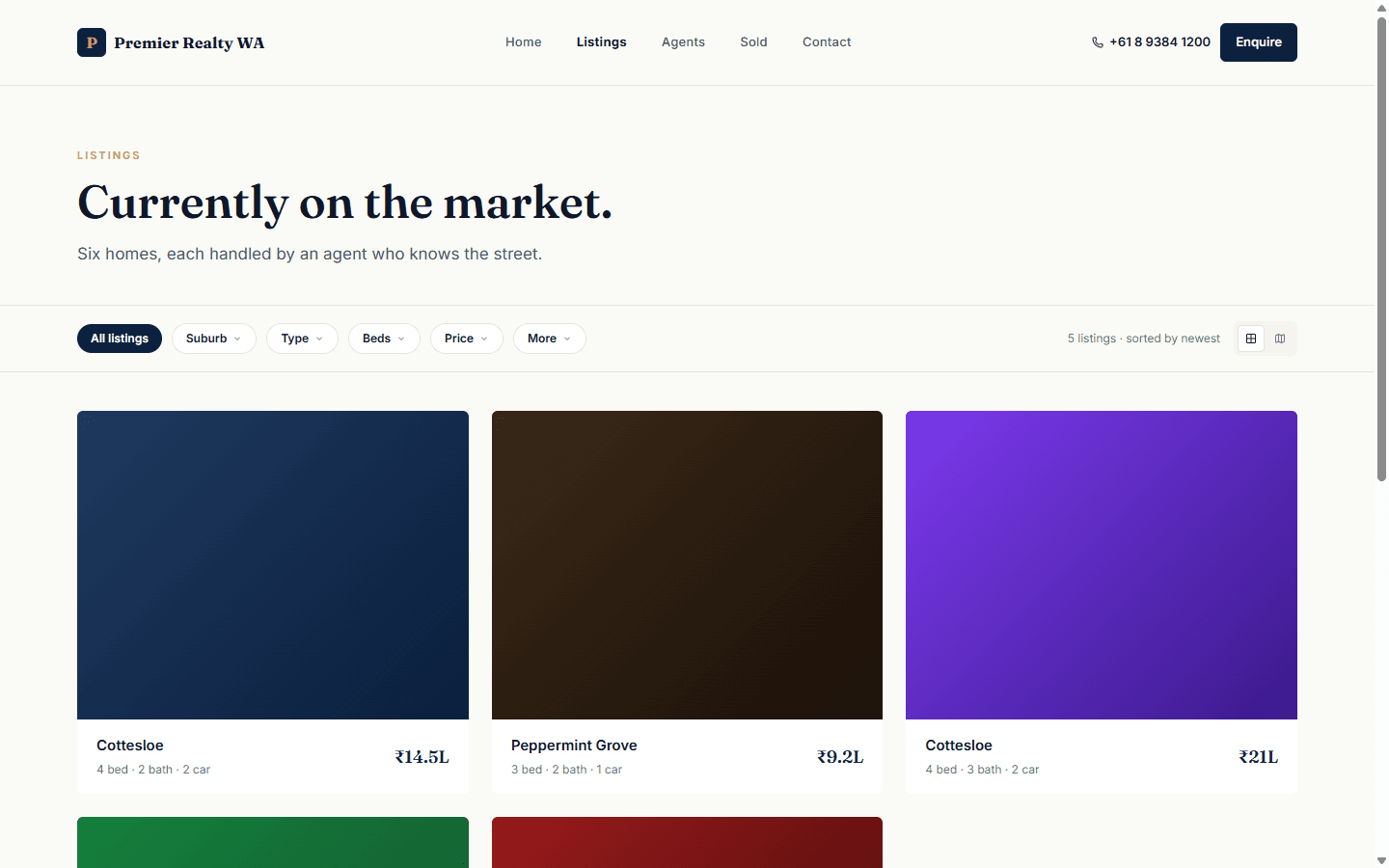 Premier Realty WA — premium listings grid on the desktop agency template