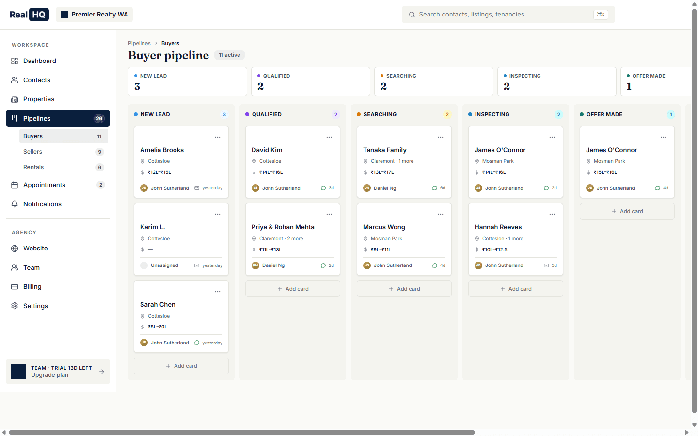 Buyer pipeline kanban board with stage chips and lead cards